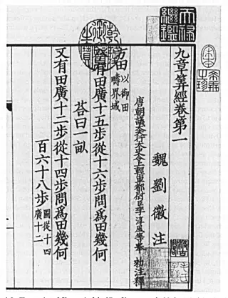 Erste Seite des ersten Kapitels der Neun Kapitel in einer alten chinesischen Druckausgabe mit Siegelstempeln