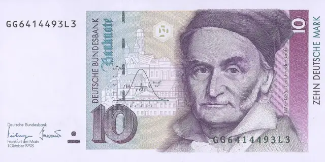 Vorderseite des 10-DM-Scheins mit Porträt von Carl Friedrich Gauß und der Gaußschen Glockenkurve
