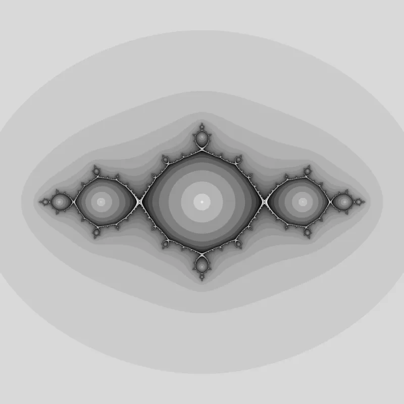Computergrafik der Julia-Menge zu z² − 1 mit zwei großen Gebieten, die sich an einem Punkt berühren