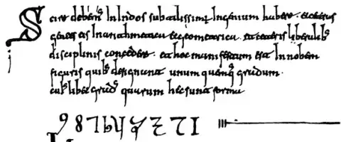 Handschriftzeile mit lateinischem Text über die Inder und darunter die Ziffern 9 8 7 6 5 4 3 2 1