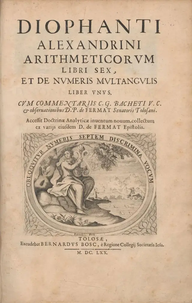 Titelblatt der Diophant-Ausgabe von 1670 mit dem Hinweis auf die Bemerkungen Fermats