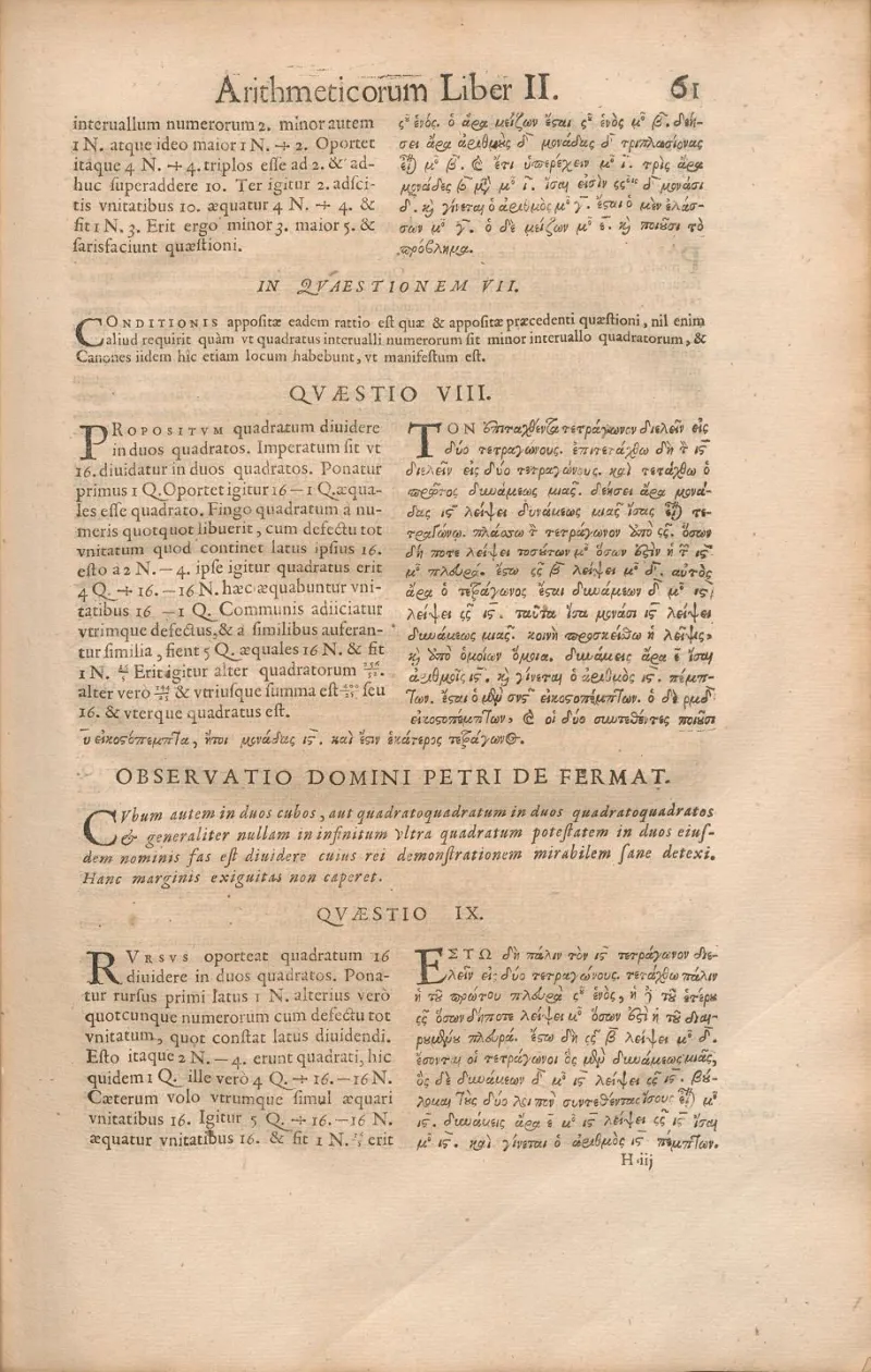 Seite aus der Arithmetica des Diophant mit der Randbemerkung von Fermat
