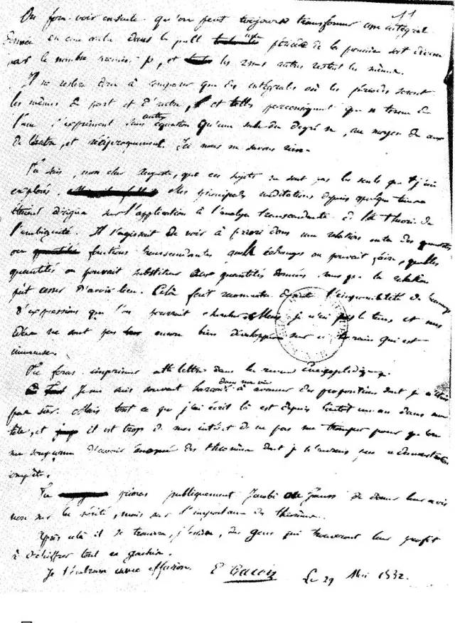 Handschriftliche letzte Seite des Briefs von Évariste Galois an Auguste Chevalier vom 29. Mai 1832