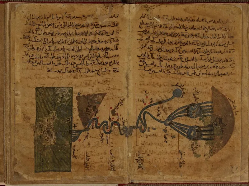 Doppelseite einer arabischen Handschrift mit Text und einer Karte des Nils mit seinen Nebenflüssen und Seen