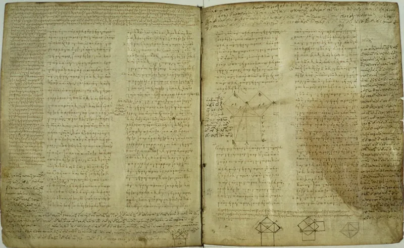 Aufgeschlagene griechische Handschrift mit Text und der Beweisfigur zum Satz des Pythagoras
