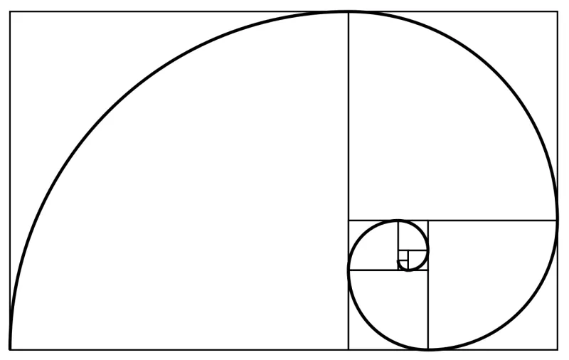 Quadrate mit den Seitenlängen 1, 1, 2, 3, 5, 8, 13, 21 und 34, durch Viertelkreise zu einer Spirale verbunden