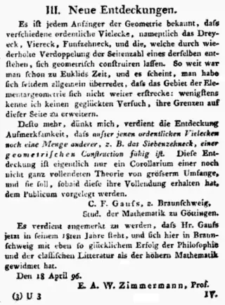 Zeitungsnotiz von 1796 im Intelligenzblatt der Allgemeinen Literatur-Zeitung über die Konstruierbarkeit des Siebzehnecks