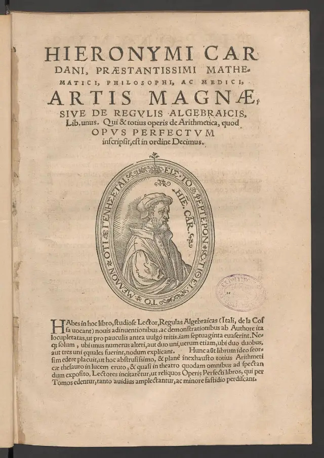 Titelblatt der Ars Magna von Gerolamo Cardano, Nürnberg 1545, mit Porträt des Autors
