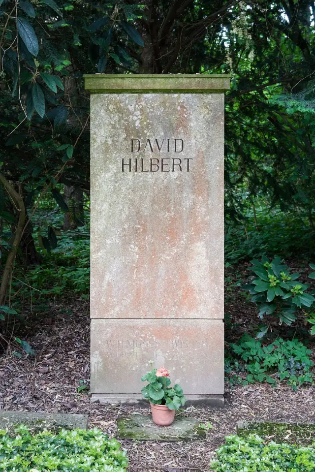 Hoher, schlichter Grabstein mit der Aufschrift David Hilbert vor dunklem Laub, davor ein Blumentopf