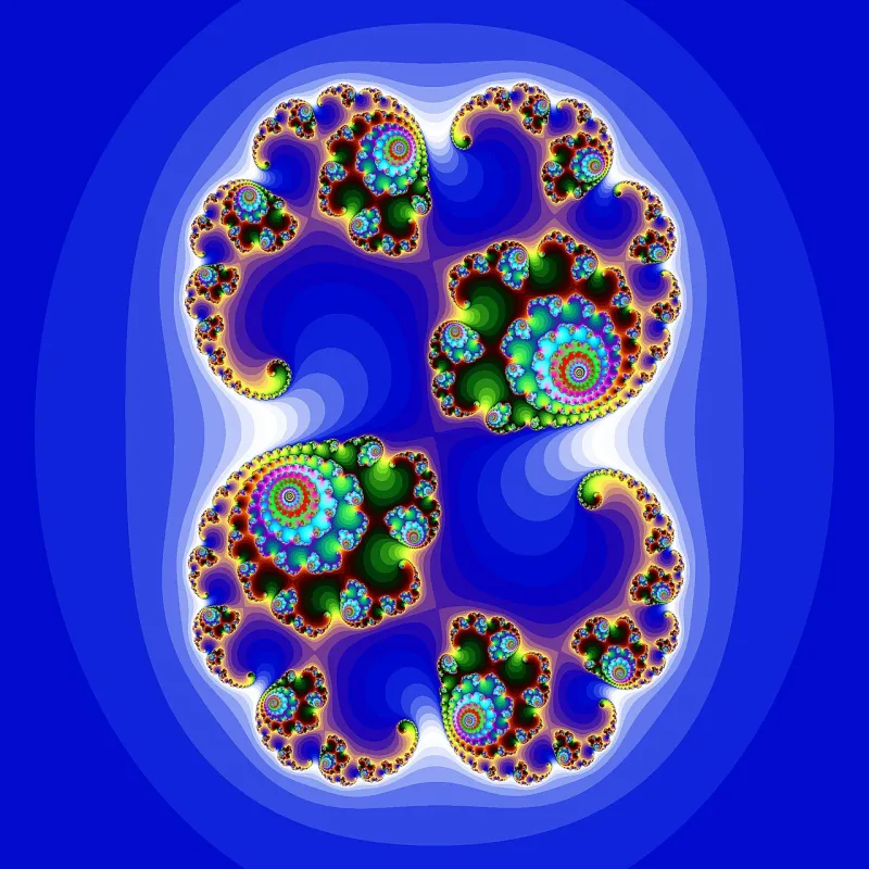 Computergrafik einer Julia-Menge mit feinen Spiralen und zerklüfteten Rändern