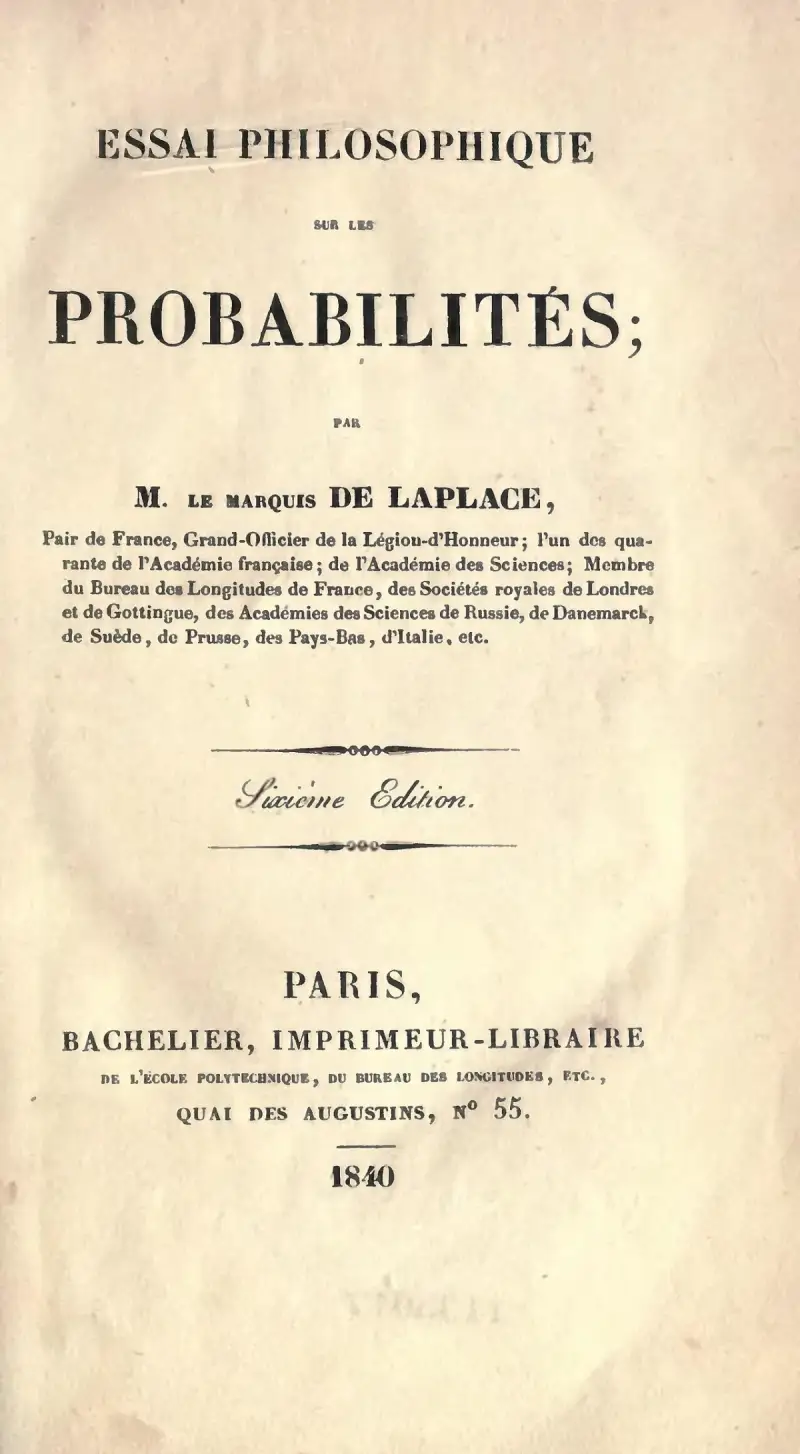 Titelseite der sechsten Auflage des Essai philosophique sur les probabilités von Laplace, Paris 1840