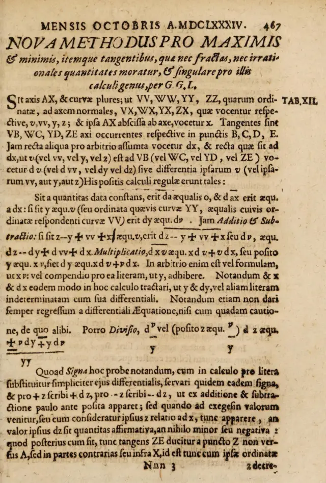 Erste Seite von Leibniz’ Aufsatz Nova Methodus in den Acta Eruditorum von 1684