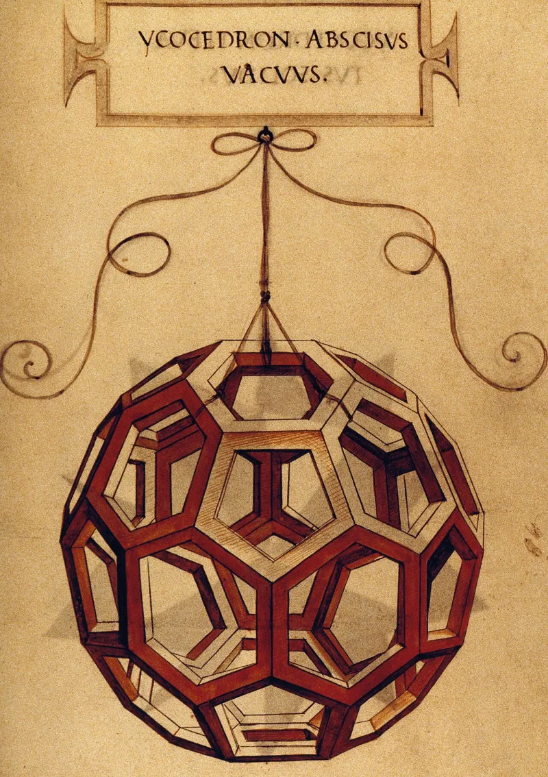 Leonardo da Vincis Zeichnung eines abgestumpften Ikosaeders als Leistengerüst mit der Aufschrift Ycocedron abscisus vacuus