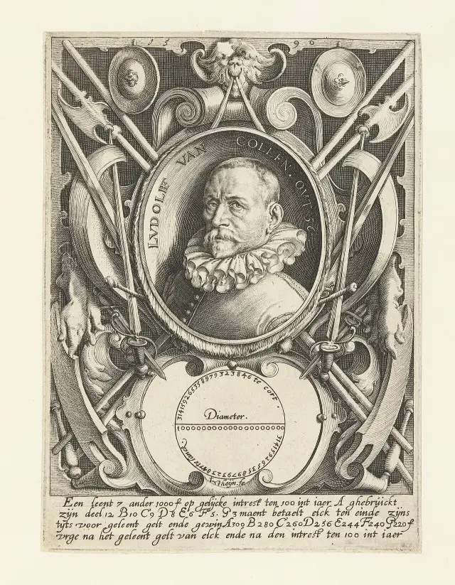 Kupferstich-Porträt des Rechenmeisters Ludolf van Ceulen im Alter von 56 Jahren