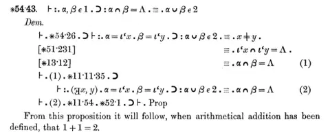Seite mit logischen Formeln, darunter der Satz: daraus folgt, sobald die Addition definiert ist, dass 1 + 1 = 2