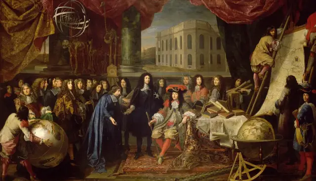 Gemälde: Colbert stellt König Ludwig XIV. die Mitglieder der Pariser Akademie der Wissenschaften vor